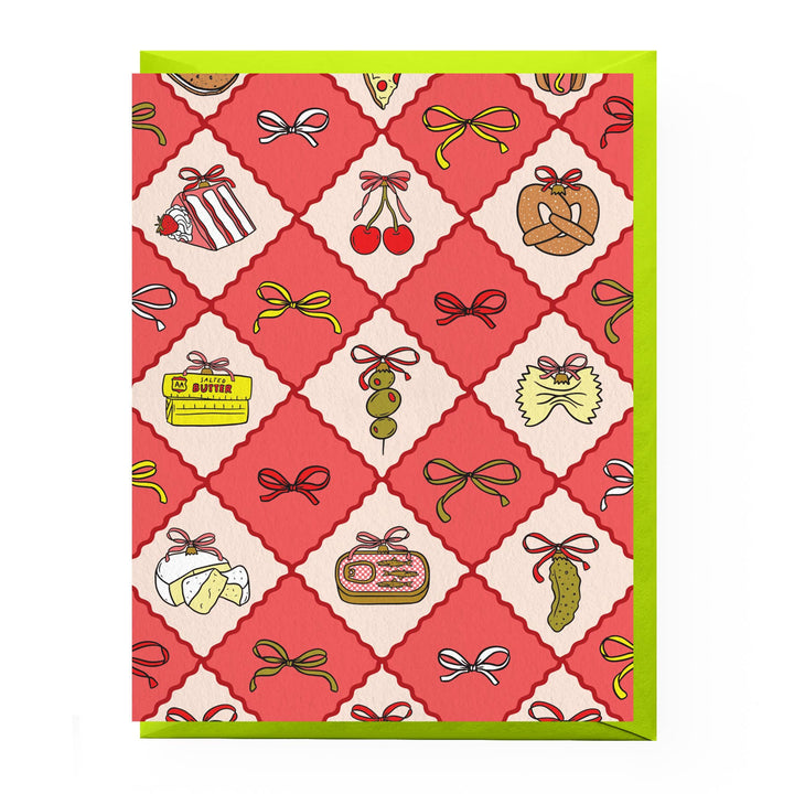 Food Ornaments & Bows Holiday Card: Single card