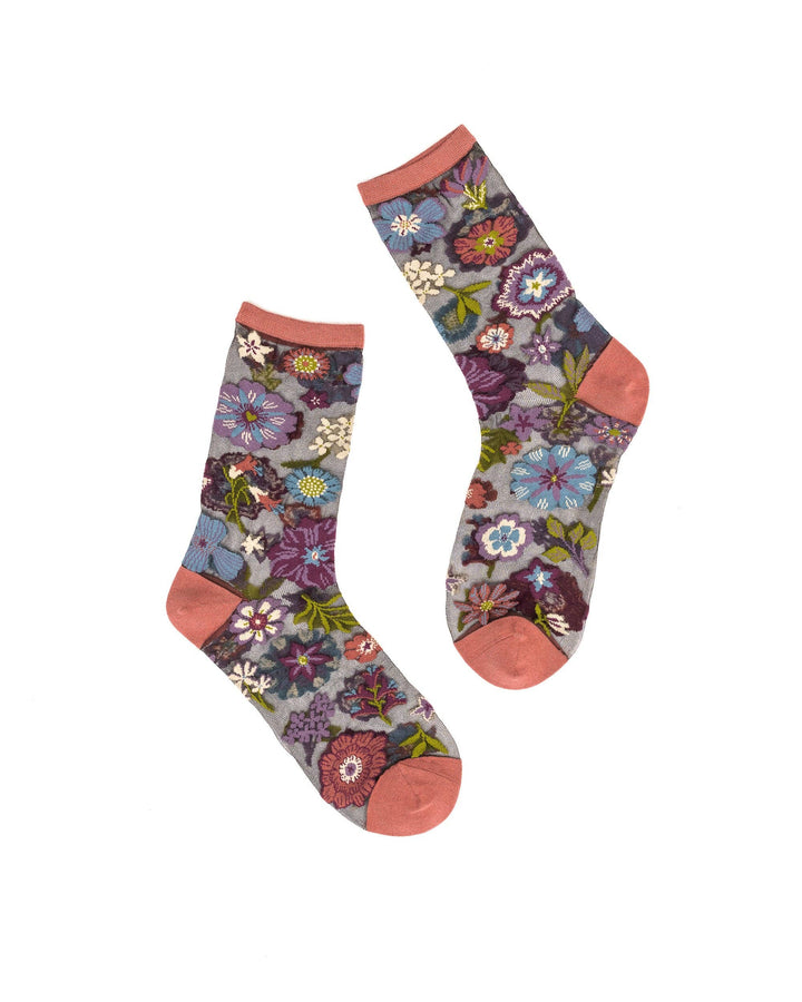 Dark Florals Black Sheer Crew Sock: Size I: Fits US W5.5-9.5