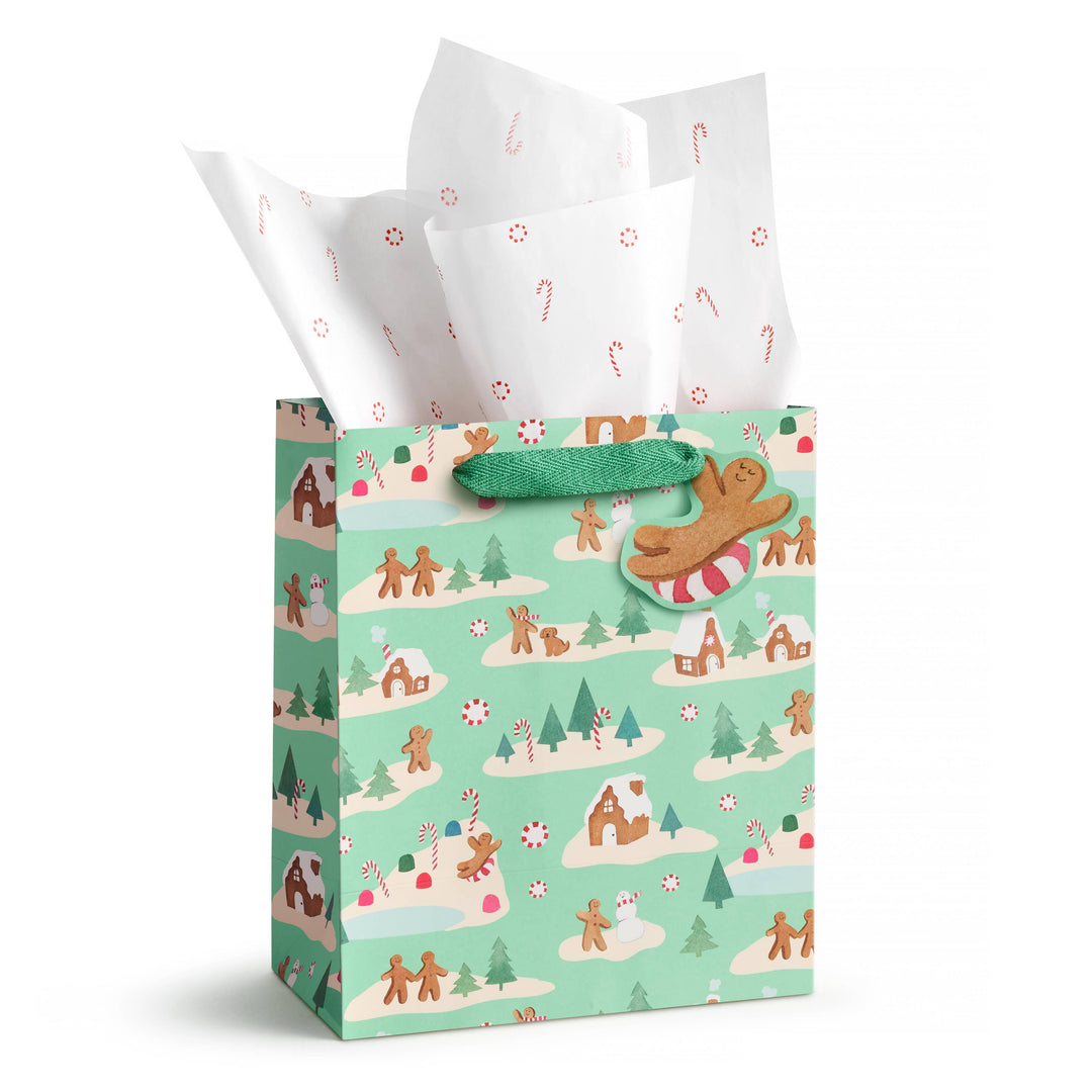 Mint Gingerbread Village Gift Bag, Medium