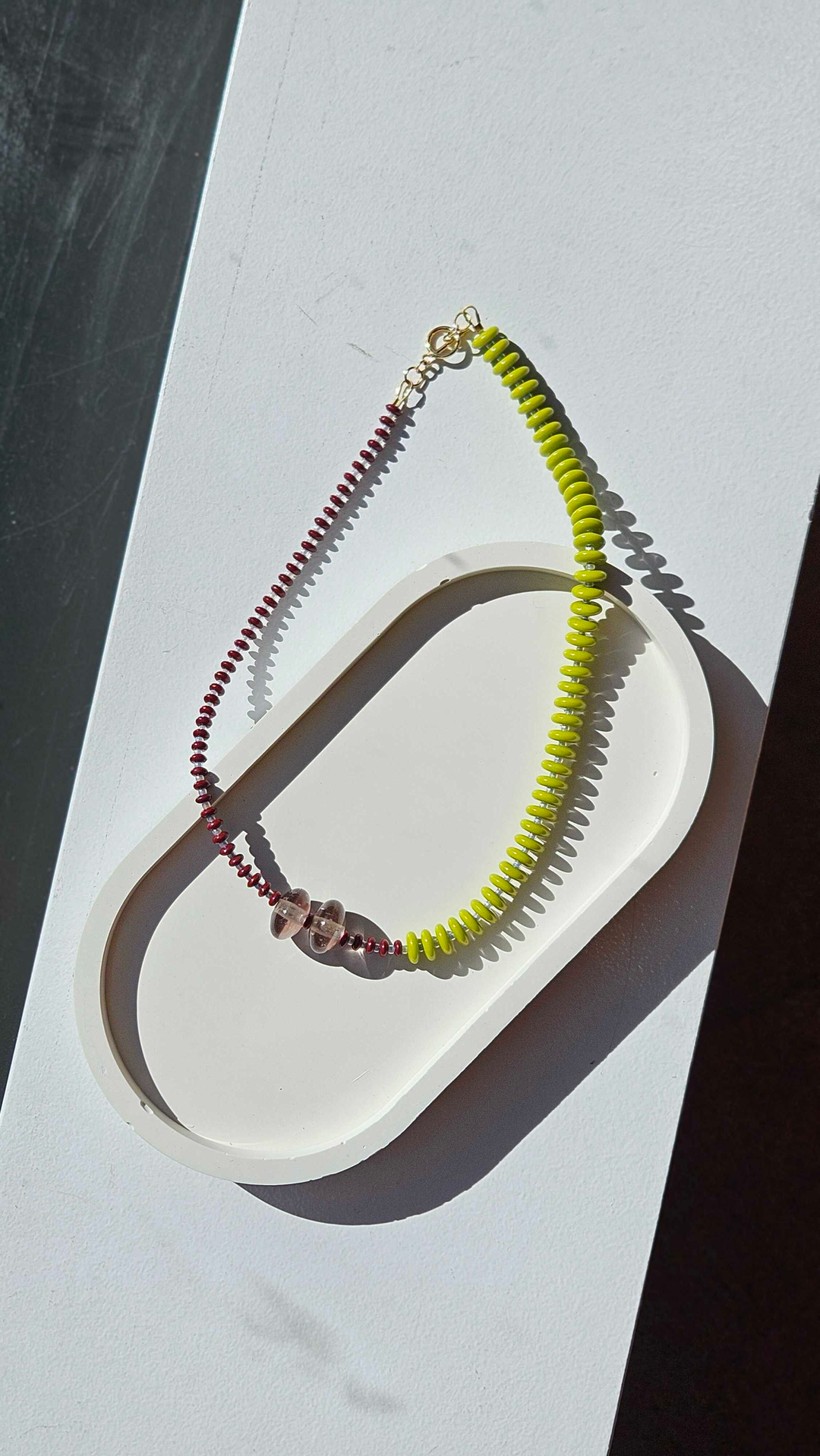 Maroon & Lime Green Seeds with Purple Murano Glass Bead Necklace no.12