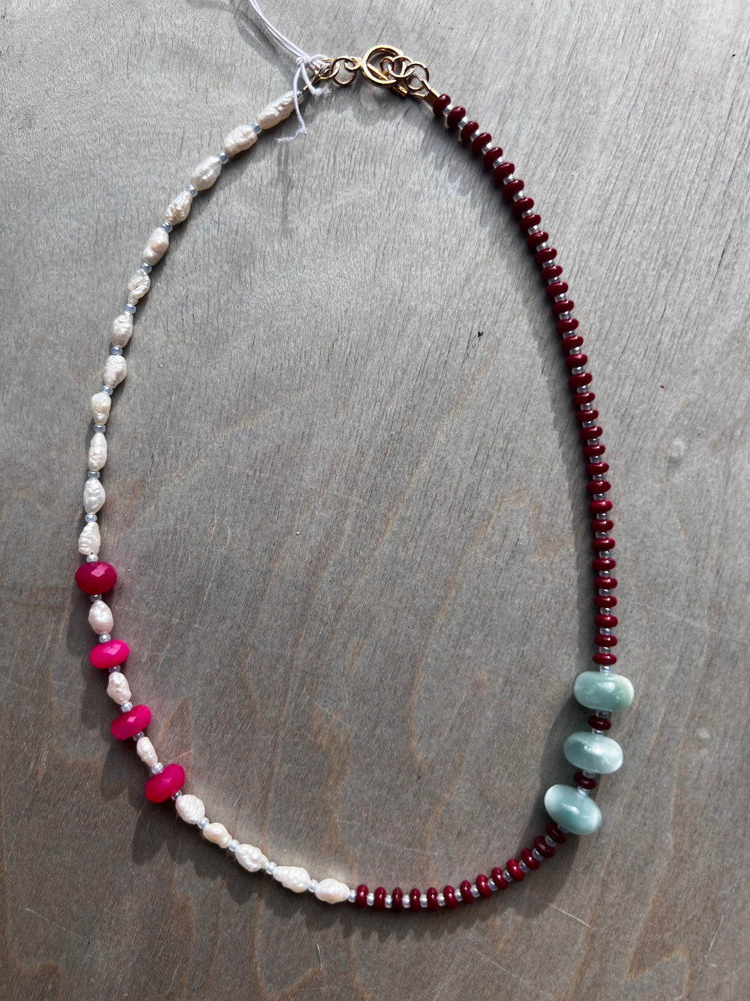 Rice pearl and maroon glass necklace no. 30