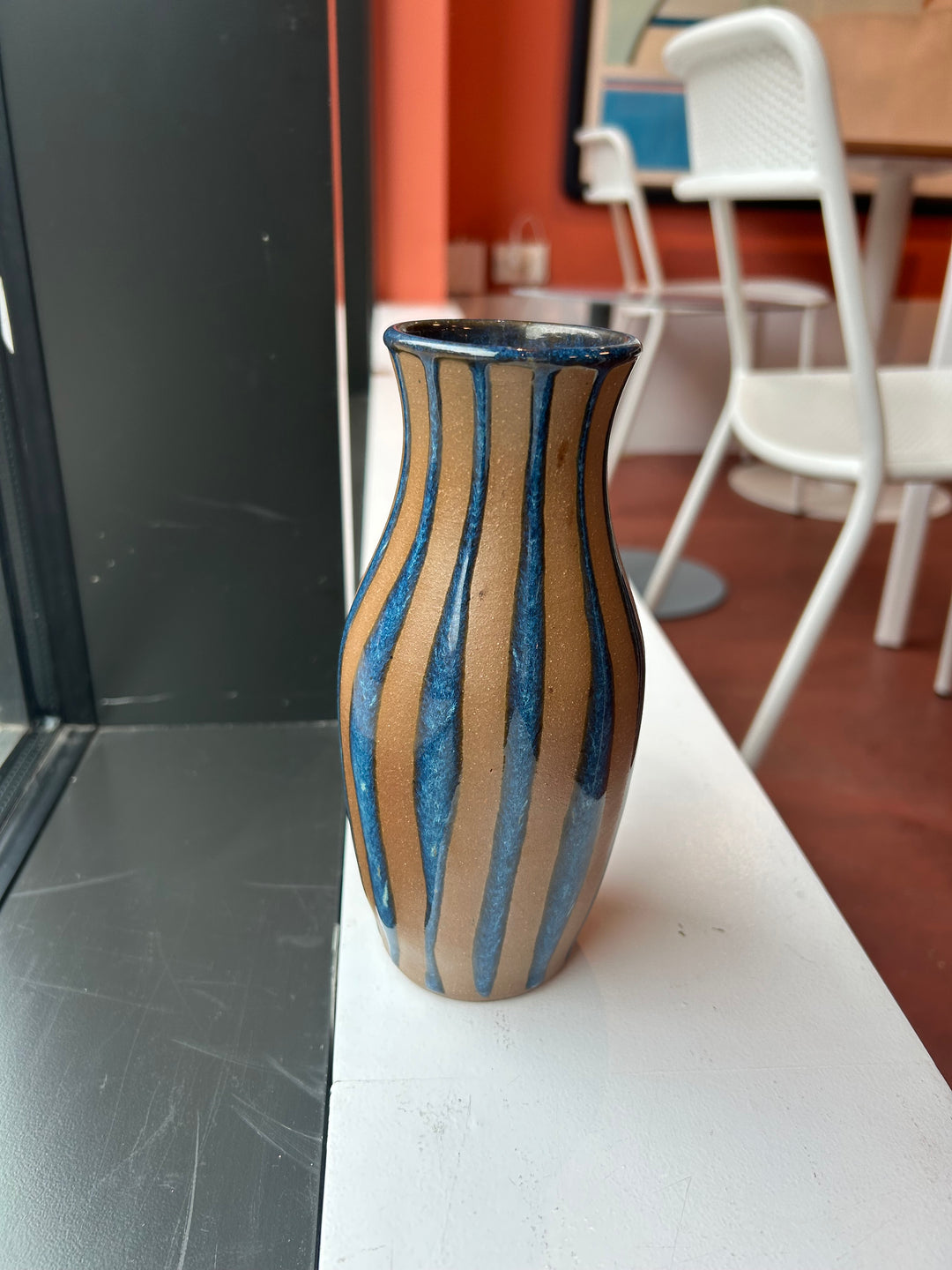 Brown and Blue Striped Ceramic Vase