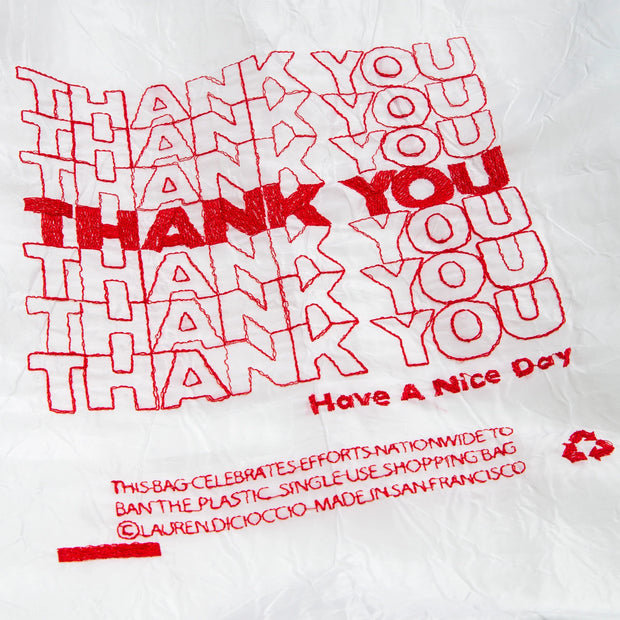 THANK YOU / Red Thread on White Fabric