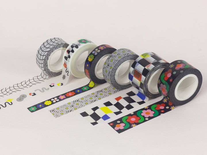 Grid Noir Black and White Wavy Grid Washi Tape – 15mm