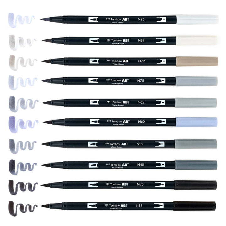 Dual Brush Pen Art Markers: Grayscale - 10-Pack