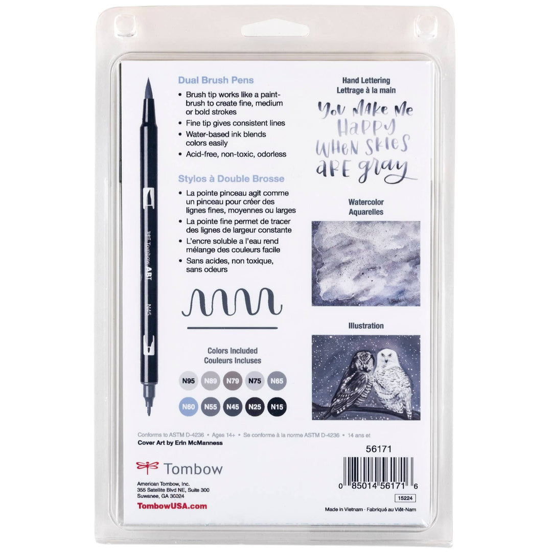 Dual Brush Pen Art Markers: Grayscale - 10-Pack