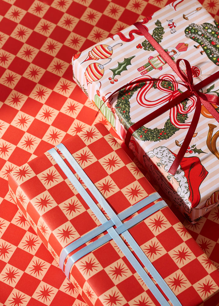 Nostalgic Christmas Red Star Checked Gift Wrap | 3 Sheets