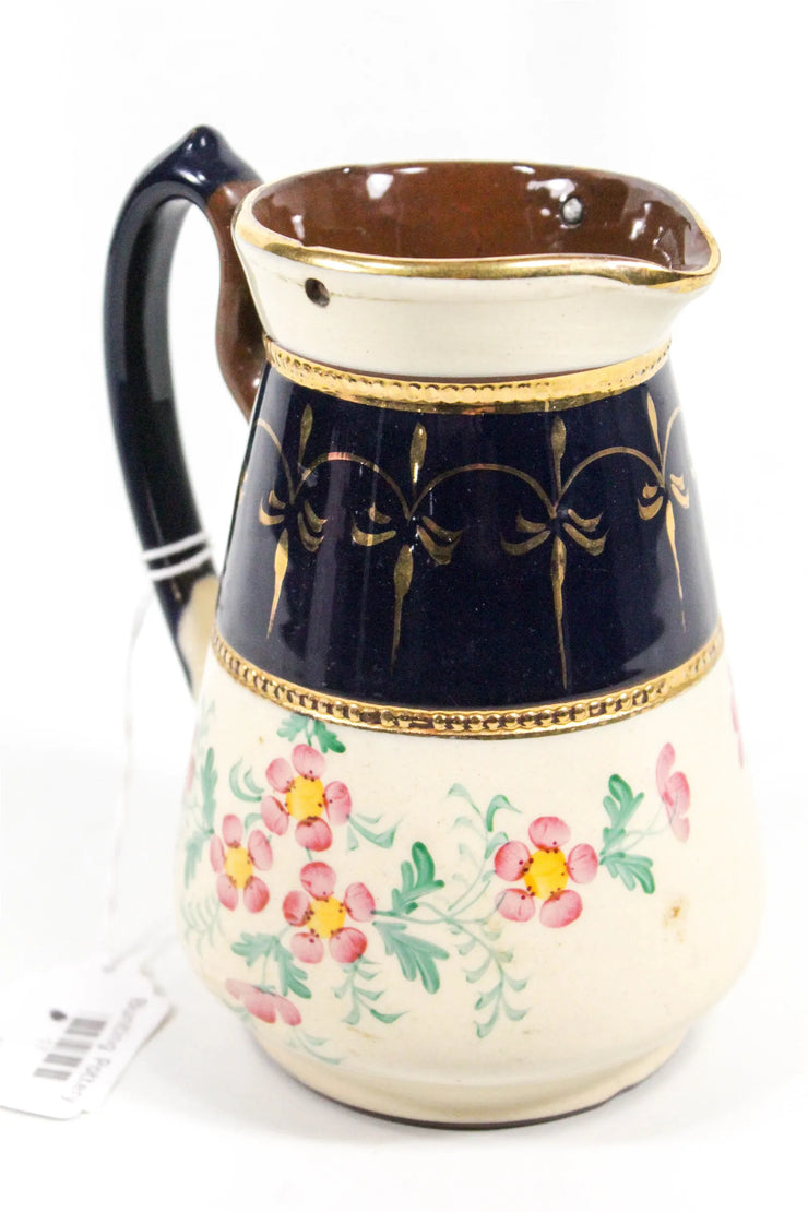 Ceramic Cream & Black Pitcher w/ Flowers