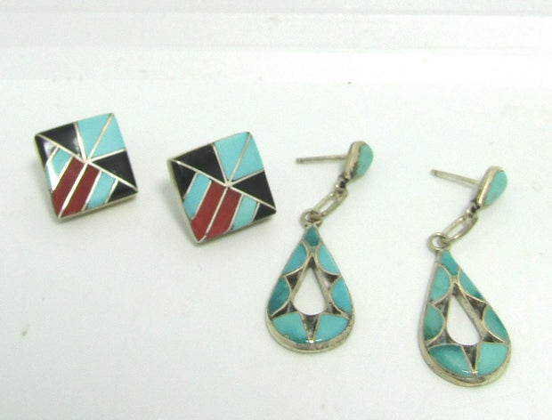 UNIQUE TURQUOISE RED CORAL STERLING EARRINGS