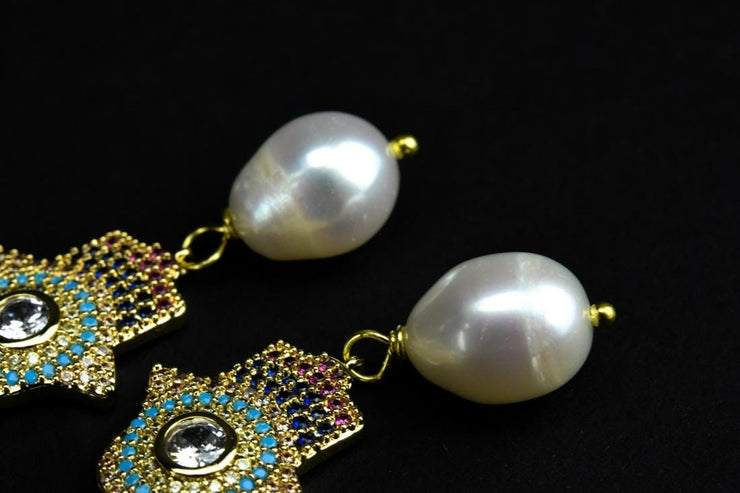 Pair Of Pave Set Baroque Pearl Hamsa Earrings