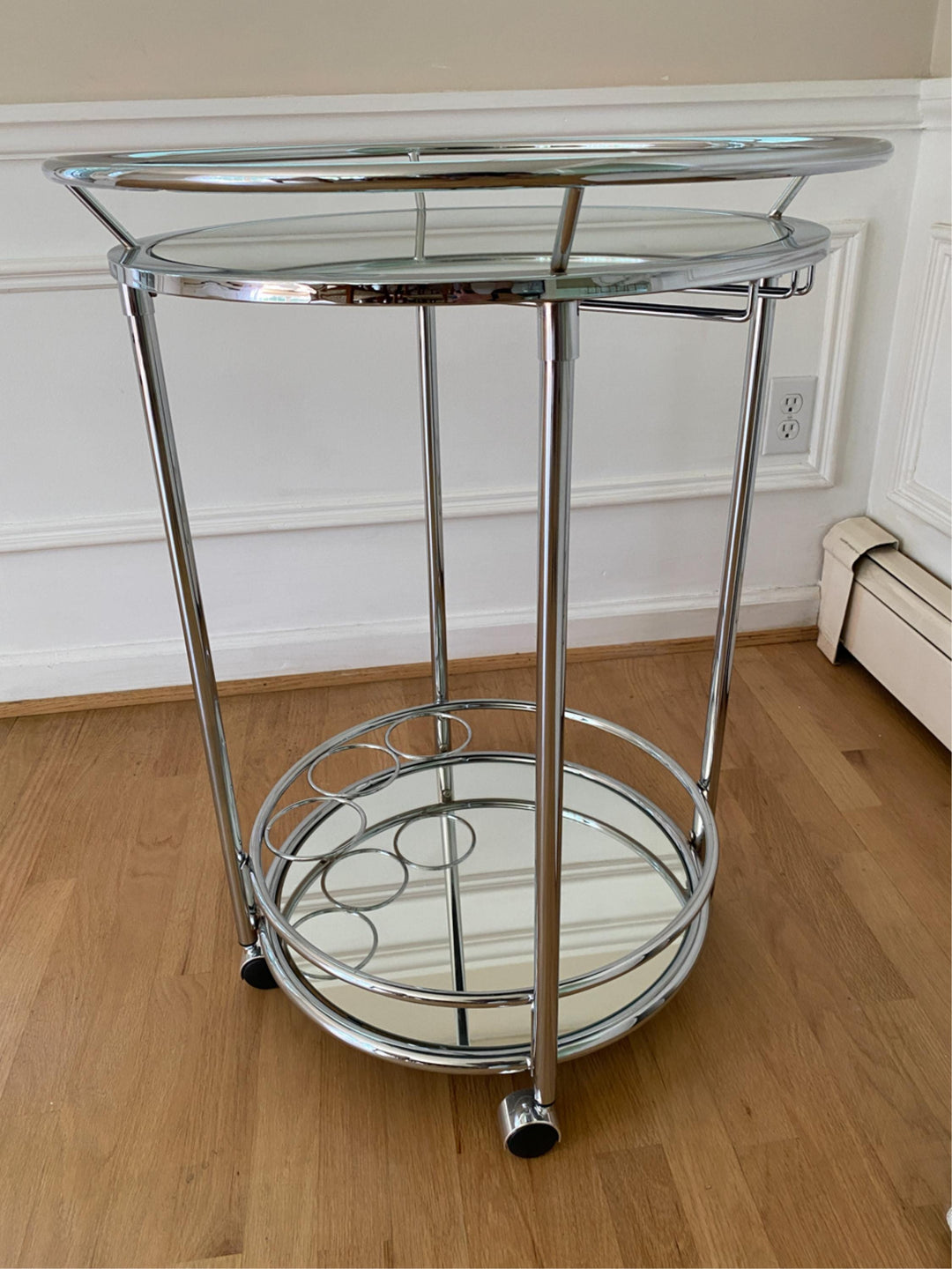 ROLLING CIRCULAR CHROME AND GLASS BAR CART