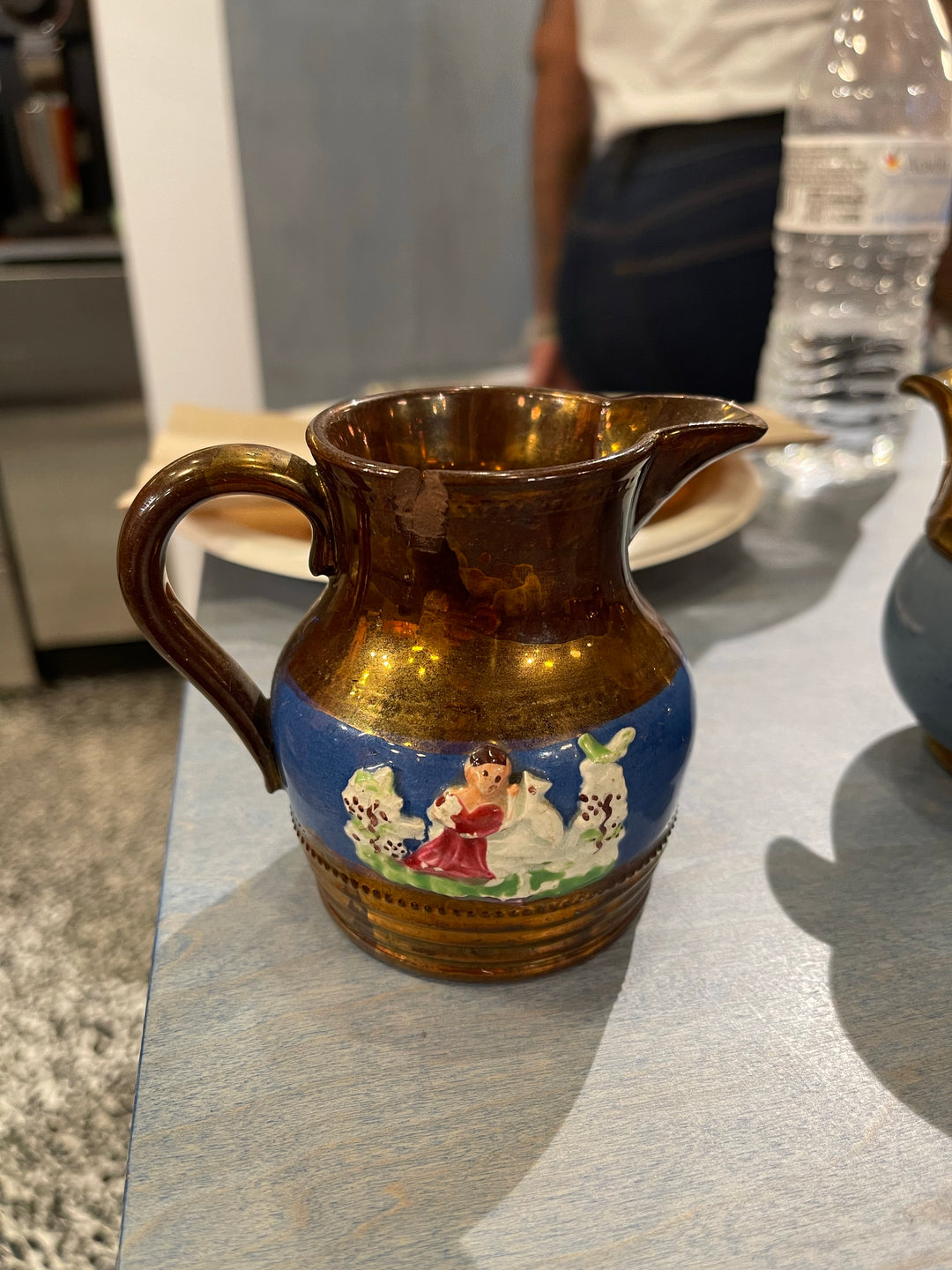 Vintage Copper Lustre Pitcher with Blue Band and Figures