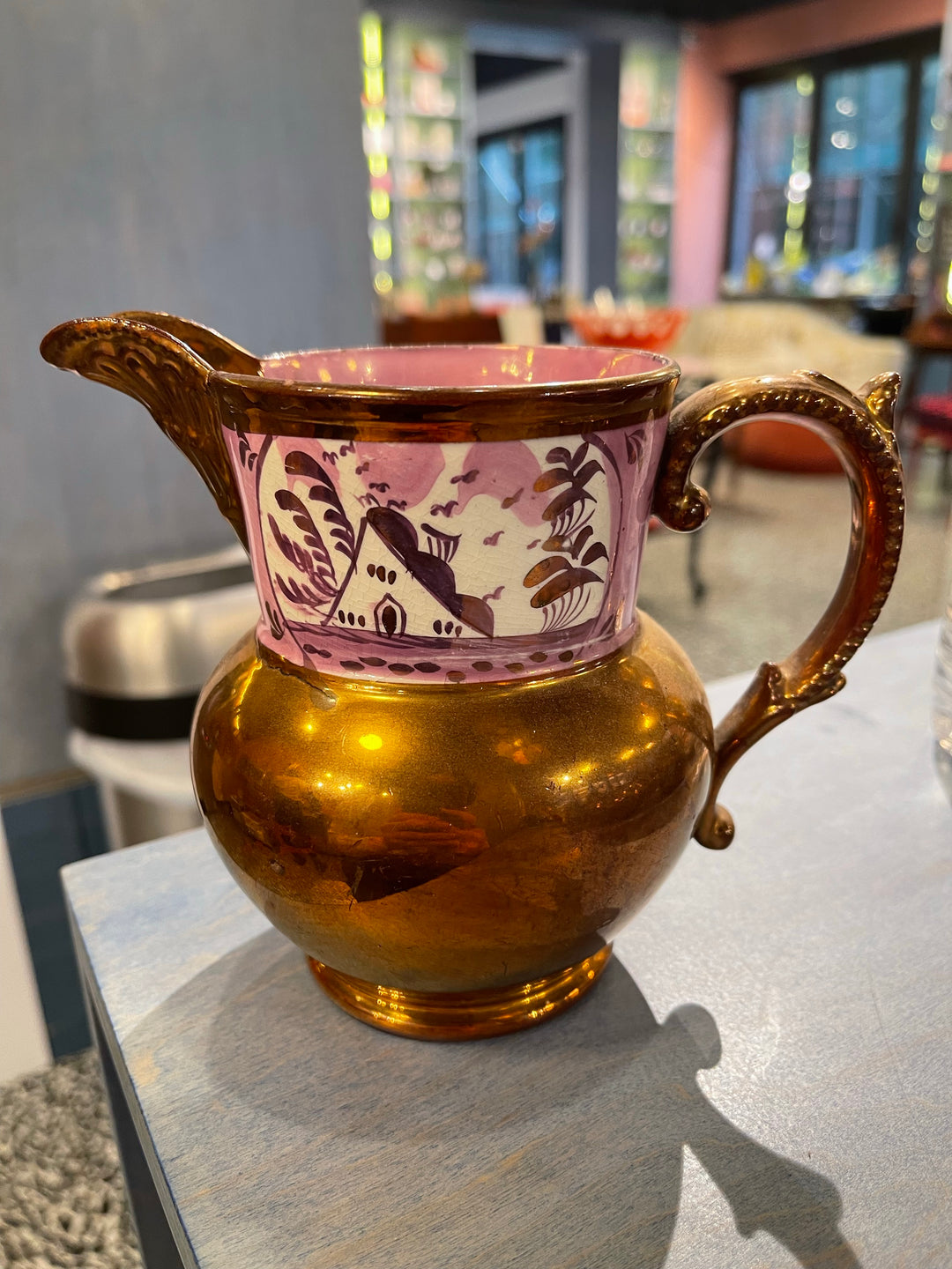 Vintage Copper Lustre Pitcher with Pink Details
